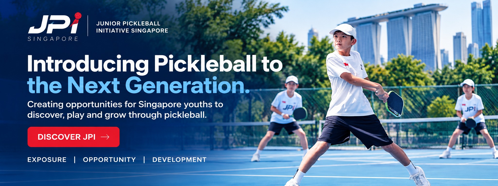 JPI Singapore banner: Introducing Pickleball to the Next Generation, with junior players on a court in front of Marina Bay Sands