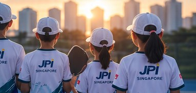 Four junior players in JPI Singapore jerseys looking at the city skyline